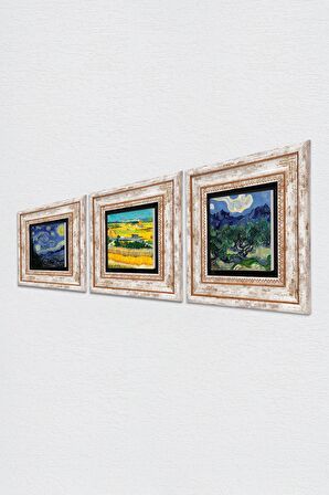 Van Gogh Zeytin Ağaçları, Hasat Manzarası, Yıldızlı Gece Taş Duvar Tablosu Çerçeveli Duvar Dekoru 3 Parça Tablo Seti Wall Art