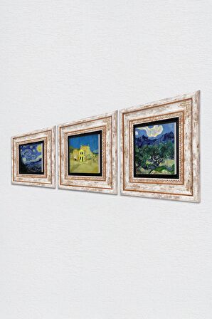 Van Gogh Zeytin Ağaçları, Sarı Ev, Yıldızlı Gece Taş Duvar Tablosu Çerçeveli Duvar Dekoru 3 Parça Tablo Seti Wall Art