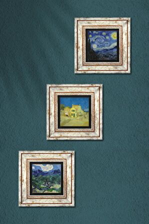 Van Gogh Zeytin Ağaçları, Sarı Ev, Yıldızlı Gece Taş Duvar Tablosu Çerçeveli Duvar Dekoru 3 Parça Tablo Seti Wall Art