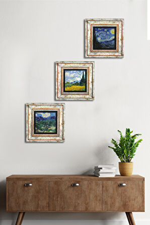 Van Gogh Taş Duvar Tablosu Çerçeveli Duvar Dekoru 3 Parça Tablo Seti Wall Art