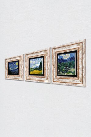Van Gogh Taş Duvar Tablosu Çerçeveli Duvar Dekoru 3 Parça Tablo Seti Wall Art