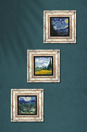 Van Gogh Taş Duvar Tablosu Çerçeveli Duvar Dekoru 3 Parça Tablo Seti Wall Art