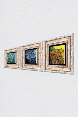 Van Gogh Arles'te Kırmızı Bağ, Yıldızlı Gece, Badem Ağacı Taş Duvar Tablosu Çerçeveli Duvar Dekoru 3 Parça Tablo Seti Wall Art