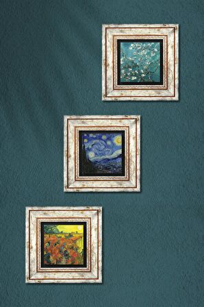 Van Gogh Arles'te Kırmızı Bağ, Yıldızlı Gece, Badem Ağacı Taş Duvar Tablosu Çerçeveli Duvar Dekoru 3 Parça Tablo Seti Wall Art