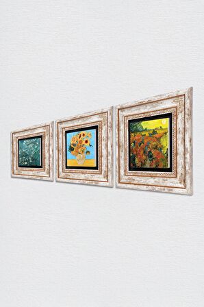 Van Gogh Kırmızı Bağ, On İki Ayçiçekli Vazo, Badem Ağacı Taş Duvar Tablosu Çerçeveli Duvar Dekoru 3 Parça Tablo Seti Wall Art