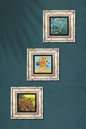 Van Gogh Kırmızı Bağ, On İki Ayçiçekli Vazo, Badem Ağacı Taş Duvar Tablosu Çerçeveli Duvar Dekoru 3 Parça Tablo Seti Wall Art