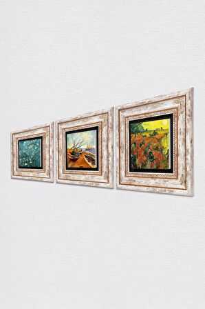 Van Gogh Kırmızı Bağ, Balıkçı Tekneleri, Badem Ağacı Taş Duvar Tablosu Çerçeveli Duvar Dekoru 3 Parça Tablo Seti Wall Art