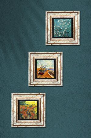 Van Gogh Kırmızı Bağ, Balıkçı Tekneleri, Badem Ağacı Taş Duvar Tablosu Çerçeveli Duvar Dekoru 3 Parça Tablo Seti Wall Art