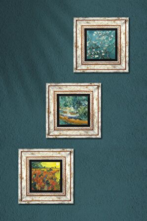 Van Gogh Kırmızı Bağ, Oise Bankası, Badem Ağacı Taş Duvar Tablosu Çerçeveli Duvar Dekoru 3 Parça Tablo Seti Wall Art