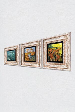 Van Gogh Kırmızı Bağ, Langlois Köprüsü, Badem Ağacı Taş Duvar Tablosu Çerçeveli Duvar Dekoru 3 Parça Tablo Seti Wall Art