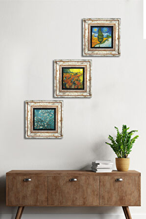 Van Gogh Selvili ve Yıldızlı Yol, Kırmızı Bağ, Badem Ağacı Taş Duvar Tablosu Çerçeveli Duvar Dekoru 3 Parça Tablo Seti Wall Art