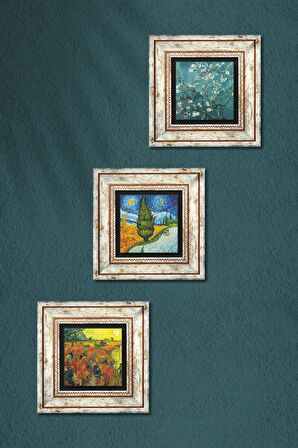 Van Gogh Selvili ve Yıldızlı Yol, Kırmızı Bağ, Badem Ağacı Taş Duvar Tablosu Çerçeveli Duvar Dekoru 3 Parça Tablo Seti Wall Art