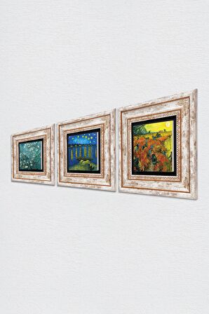Van Gogh Taş Duvar Tablosu Çerçeveli Duvar Dekoru 3 Parça Tablo Seti Wall Art