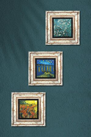 Van Gogh Taş Duvar Tablosu Çerçeveli Duvar Dekoru 3 Parça Tablo Seti Wall Art