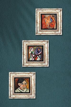 Picasso Avignonlu Kızlar, Ayna Karşısındaki Kız, Otoportre Taş Duvar Tablosu Çerçeveli Duvar Dekoru 3 Parça Tablo Seti Wall Art