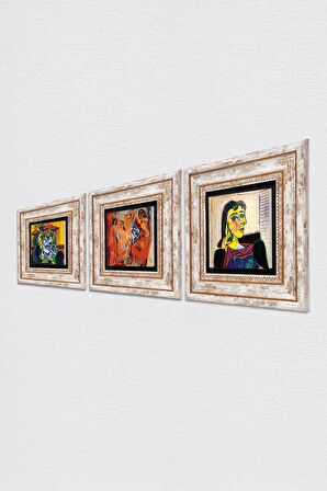 Picasso Ağlayan Kadın, Dora Maar Portresi, Avignonlu Kızlar Taş Duvar Tablosu Çerçeveli Duvar Dekoru 3 Parça Tablo Seti Wall Art