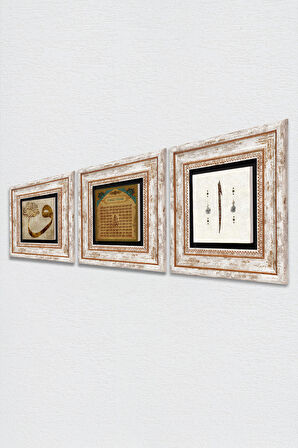 Vav, Elif, Esma'ül Hüsna Taş Duvar Tablosu Çerçeveli Duvar Dekoru 3 Parça Tablo Seti Wall Art