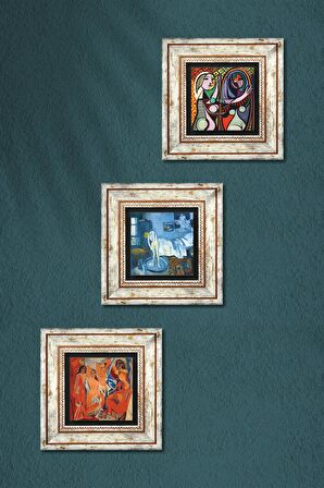 Picasso Avignonlu Kızlar, Ayna Karşısındaki Kız, Mavi Oda Taş Duvar Tablosu Çerçeveli Duvar Dekoru 3 Parça Tablo Seti Wall Art
