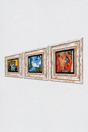 Picasso Ağlayan Kadın, Avignonlu Kızlar, Mavi Oda Taş Duvar Tablosu Çerçeveli Duvar Dekoru 3 Parça Tablo Seti Wall Art
