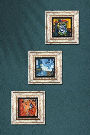 Picasso Ağlayan Kadın, Avignonlu Kızlar, Mavi Oda Taş Duvar Tablosu Çerçeveli Duvar Dekoru 3 Parça Tablo Seti Wall Art