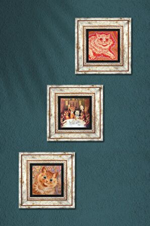 Louis Wain Kediler Taş Duvar Tablosu Çerçeveli Duvar Dekoru 3 Parça Tablo Seti Wall Art