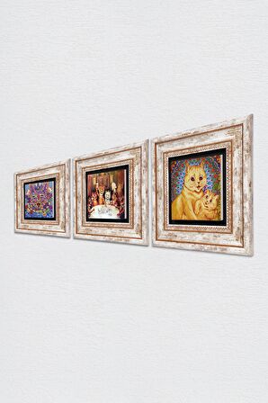 Louis Wain Kediler Taş Duvar Tablosu Çerçeveli Duvar Dekoru 3 Parça Tablo Seti Wall Art
