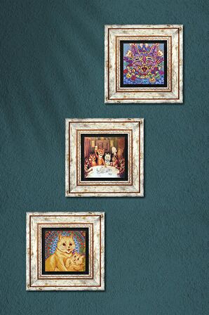 Louis Wain Kediler Taş Duvar Tablosu Çerçeveli Duvar Dekoru 3 Parça Tablo Seti Wall Art