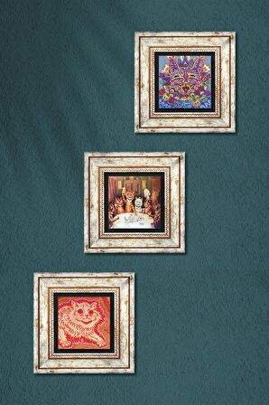 Louis Wain Kediler Taş Duvar Tablosu Çerçeveli Duvar Dekoru 3 Parça Tablo Seti Wall Art