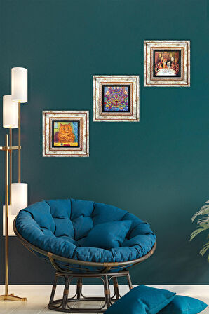 Louis Wain Kediler Taş Duvar Tablosu Çerçeveli Duvar Dekoru 3 Parça Tablo Seti Wall Art
