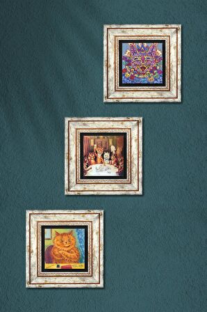 Louis Wain Kediler Taş Duvar Tablosu Çerçeveli Duvar Dekoru 3 Parça Tablo Seti Wall Art