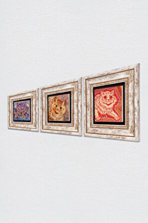 Louis Wain Kediler Taş Duvar Tablosu Çerçeveli Duvar Dekoru 3 Parça Tablo Seti Wall Art