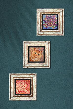 Louis Wain Kediler Taş Duvar Tablosu Çerçeveli Duvar Dekoru 3 Parça Tablo Seti Wall Art
