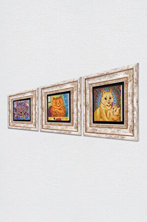 Louis Wain Kediler Taş Duvar Tablosu Çerçeveli Duvar Dekoru 3 Parça Tablo Seti Wall Art
