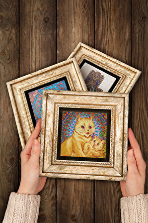 Louis Wain Kediler Taş Duvar Tablosu Çerçeveli Duvar Dekoru 3 Parça Tablo Seti Wall Art