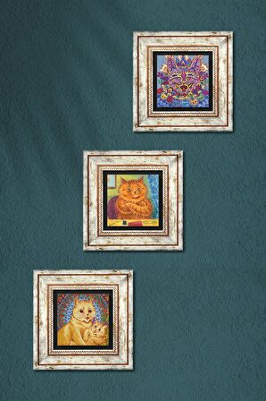Louis Wain Kediler Taş Duvar Tablosu Çerçeveli Duvar Dekoru 3 Parça Tablo Seti Wall Art