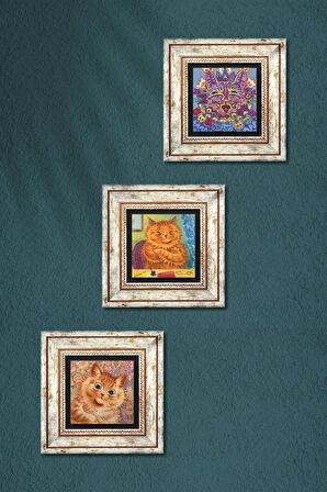 Louis Wain Kediler Taş Duvar Tablosu Çerçeveli Duvar Dekoru 3 Parça Tablo Seti Wall Art