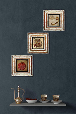 Vintage Çiçek, Vav, Bereket Duası Taş Duvar Tablosu Çerçeveli Duvar Dekoru 3 Parça Tablo Seti Wall Art