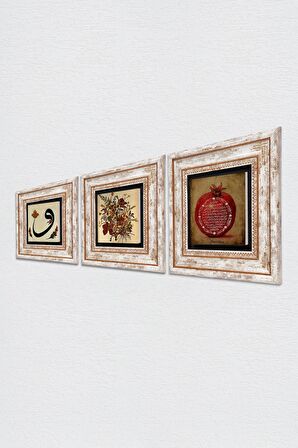 Vintage Çiçek, Vav, Bereket Duası Taş Duvar Tablosu Çerçeveli Duvar Dekoru 3 Parça Tablo Seti Wall Art