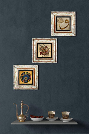 Vintage Çiçek, Vav, Nazar Taş Duvar Tablosu Çerçeveli Duvar Dekoru 3 Parça Tablo Seti Wall Art