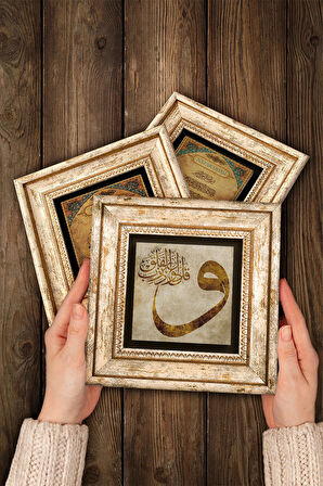 Vintage Çiçek, Vav, Nazar Taş Duvar Tablosu Çerçeveli Duvar Dekoru 3 Parça Tablo Seti Wall Art