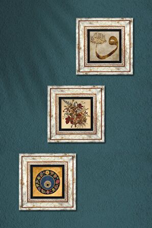 Vintage Çiçek, Vav, Nazar Taş Duvar Tablosu Çerçeveli Duvar Dekoru 3 Parça Tablo Seti Wall Art