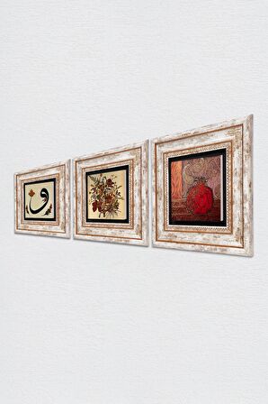 Vintage Çiçek, Vav, Nar Taş Duvar Tablosu Çerçeveli Duvar Dekoru 3 Parça Tablo Seti Wall Art