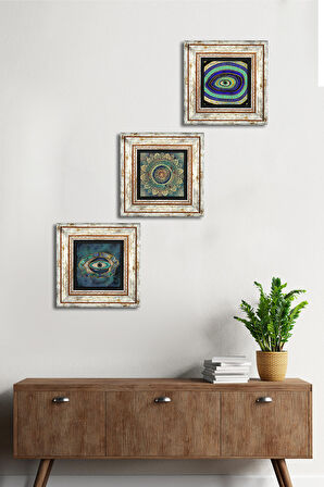 Mandala, Nazar Taş Duvar Tablosu Çerçeveli Duvar Dekoru 3 Parça Tablo Seti Wall Art
