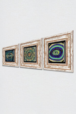 Mandala, Nazar Taş Duvar Tablosu Çerçeveli Duvar Dekoru 3 Parça Tablo Seti Wall Art