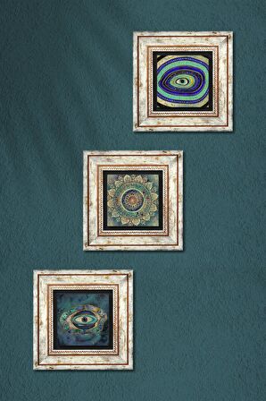 Mandala, Nazar Taş Duvar Tablosu Çerçeveli Duvar Dekoru 3 Parça Tablo Seti Wall Art