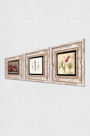 Lale Ebru Sanatı, Elif, Nar Taş Duvar Tablosu Çerçeveli Duvar Dekoru 3 Parça Tablo Seti Wall Art
