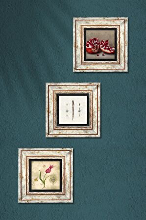 Lale Ebru Sanatı, Elif, Nar Taş Duvar Tablosu Çerçeveli Duvar Dekoru 3 Parça Tablo Seti Wall Art