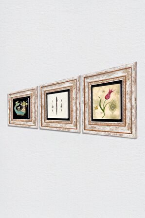 Lale Ebru Sanatı, Elif, Şahmeran Taş Duvar Tablosu Çerçeveli Duvar Dekoru 3 Parça Tablo Seti Wall Art