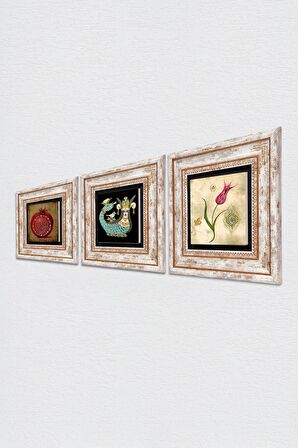 Lale Ebru Sanatı, Bereket Duası, Şahmeran Taş Duvar Tablosu Çerçeveli Duvar Dekoru 3 Parça Tablo Seti Wall Art