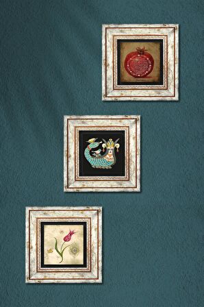 Lale Ebru Sanatı, Bereket Duası, Şahmeran Taş Duvar Tablosu Çerçeveli Duvar Dekoru 3 Parça Tablo Seti Wall Art